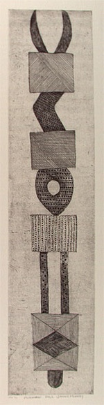 Artist: b'Murray, Janice.' | Title: b'Pukumani pole' | Date: 1996, July | Technique: b'etching, printed in black ink, from one plate' | Copyright: b'\xc2\xa9 Janice Murray and Jilamara Arts + Craft'