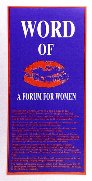 Artist: b'Green Ant Research Arts and Publishing.' | Title: b'Word of ... A Forum for Women' | Date: 1992 | Technique: b'offset-lithograph, printed in colour, from two process plates'