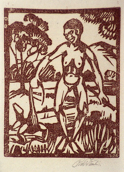 Artist: b'Stephen, Clive.' | Title: b'(Nude in landscape)' | Date: c.1948 | Technique: b'linocut, printed in brown ink, from one block'