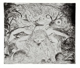 Artist: b'BOYD, Arthur' | Title: bNude washing in a creek with watching head and ram's head. | Date: (1962-63) | Technique: b'etching, printed in black ink, from one plate' | Copyright: b'Reproduced with permission of Bundanon Trust'