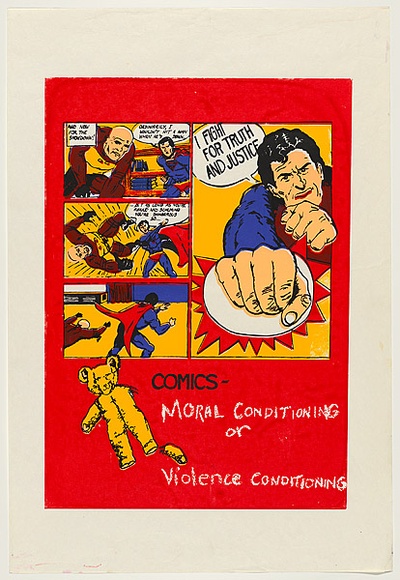 Artist: b'UNKNOWN' | Title: b'Comics - moral conditioning or violence conditioning' | Date: 1979 | Technique: b'screenprint, printed in colour, from four stencils'