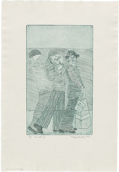 Artist: b'WALKER, Murray' | Title: b'Three women waiting.' | Date: 1973 | Technique: b'etching, printed in blue ink, from one plate'