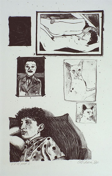 Artist: b'Wilson, C.' | Title: b'not titled [figure sitting with pictures on the wall behind]' | Date: 1984 | Technique: b'lithograph, printed in black ink, from one stone'