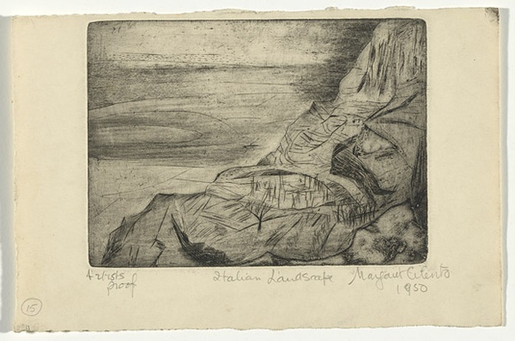 Artist: b'Cilento, Margaret.' | Title: b'Italian landscape.' | Date: 1950 | Technique: b'etching, aquatint, printed in black ink with plate-tone, from one  plates,'