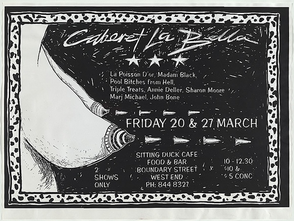 Artist: b'Bone, Melissa.' | Title: b'Cabaret La Bella.' | Date: 1992, March | Technique: b'screenprint, printed in black ink, from one photo-stencil'