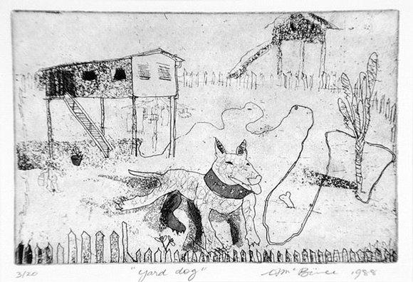 Artist: b'McBurnie, Ron.' | Title: b'Yard dog' | Date: 1988 | Technique: b'hardground-etching and aquatint, printed in black ink with plate-tone, from one plate' | Copyright: b'\xc2\xa9 Ron McBurnie'