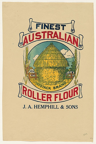 Title: b'not titled [finest Australian roller flour: haystack brand]' | Date: c.1920s | Technique: b'relief print, printed in colour, from commercially produced stamps; addition of colour stencil'