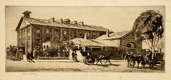 Artist: b'LINDSAY, Lionel' | Title: b'Old Barracks, Hyde Park' | Date: 1912 | Technique: b'etching and aquatint, printed in brown ink with plate-tone in brown ink, from one plate' | Copyright: b'Courtesy of the National Library of Australia'