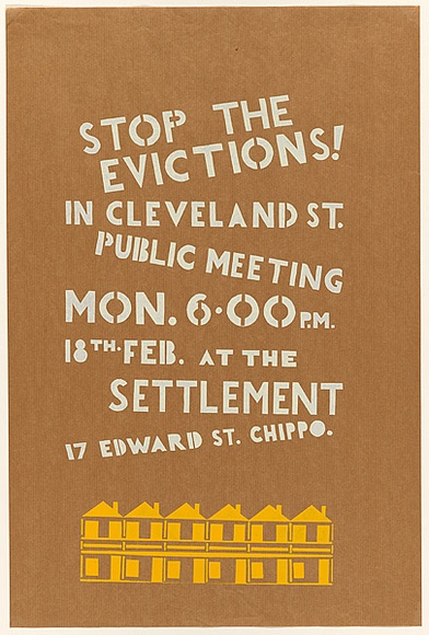 Artist: b'Stewart, Jeff.' | Title: b'Stop the evictions! in Cleveland St. Public meeting...at the Settlement.' | Date: (1980) | Technique: b'screenprint, printed in colour, from two stencils'