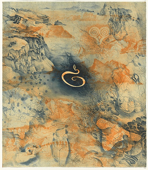 Title: b'Coastline' | Date: 1991 | Technique: b'etching, printed in blue and orange ink, from one plate'