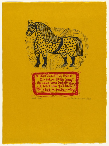Artist: b'HANRAHAN, Barbara' | Title: b'I had a little pony' | Date: 1962 | Technique: b'linocut, printed in colour, from two blocks'