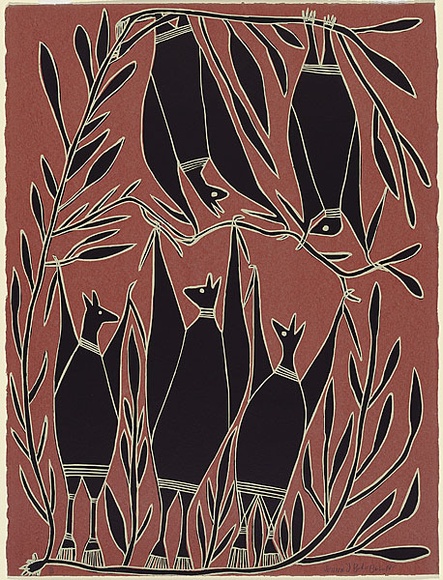 Artist: b'Bulunbulun, Johnny.' | Title: b'Flying foxes' | Date: 1979 | Technique: b'screenprint, printed in colour, from multiple stencils' | Copyright: b'\xc2\xa9 Johnny Bulunbulun. Licensed by VISCOPY, Australia'