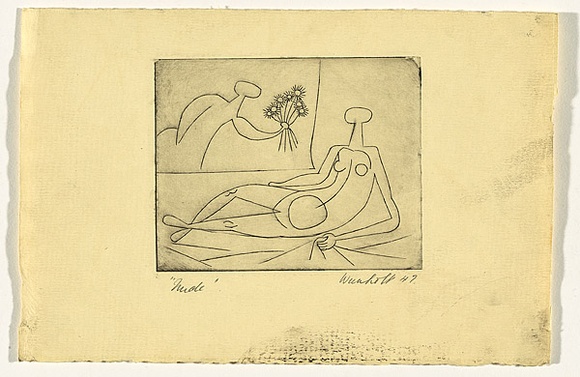 Artist: b'Wienholt, Anne.' | Title: b'Nude' | Date: 1947 | Technique: b'line-engraving, printed in black ink with plate-tone, from one copper plate'