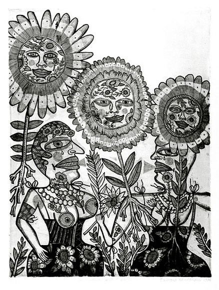 Artist: b'HANRAHAN, Barbara' | Title: b'Conversation with flowers' | Date: 1974 | Technique: b'etching, printed in black ink with plate-tone, from one plate'