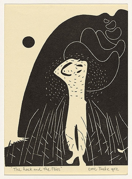 Artist: b'Thake, Eric.' | Title: b'Greeting card: Christmas (The Rock and the flies)' | Date: 1952 | Technique: b'linocut, printed in black ink, from one block'