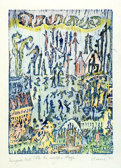 Artist: b'SHEARER, Mitzi' | Title: b'All the world a stage' | Date: 1980 | Technique: b'woodcut, printed in blue ink, from one block; hand-coloured'