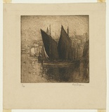Artist: LONG, Sydney | Title: Fishing boats, Whitby [2] | Date: (1918) | Technique: line-etching, printed in brown ink with plate-tone, from one plate | Copyright: Reproduced with the kind permission of the Ophthalmic Research Institute of Australia