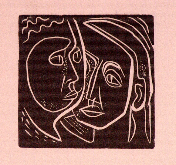 Artist: b'Barwell, Geoff.' | Title: b'(Two Heads).' | Date: (1955) | Technique: b'linocut, printed in black ink, from one block'