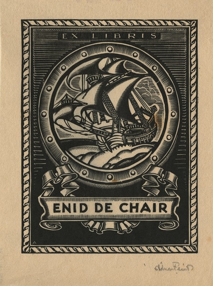 Artist: b'FEINT, Adrian' | Title: b'Bookplate: Enid de Chair.' | Date: (1930) | Technique: b'wood-engraving, printed in black ink, from one block' | Copyright: b'Courtesy the Estate of Adrian Feint'