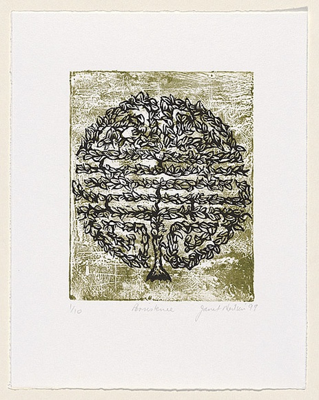 Artist: b'Neilson, Janet.' | Title: b'Persistence' | Date: 1999 | Technique: b'Linocut, printed in black ink, from one plate, over gesso collagraph, printed in green ink, from one plate'