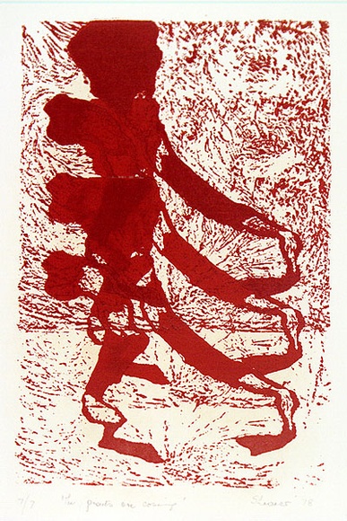 Artist: b'SHEARER, Mitzi' | Title: b'The giants are coming' | Date: 1978 | Technique: b'linocut, printed in red ink, from one block'