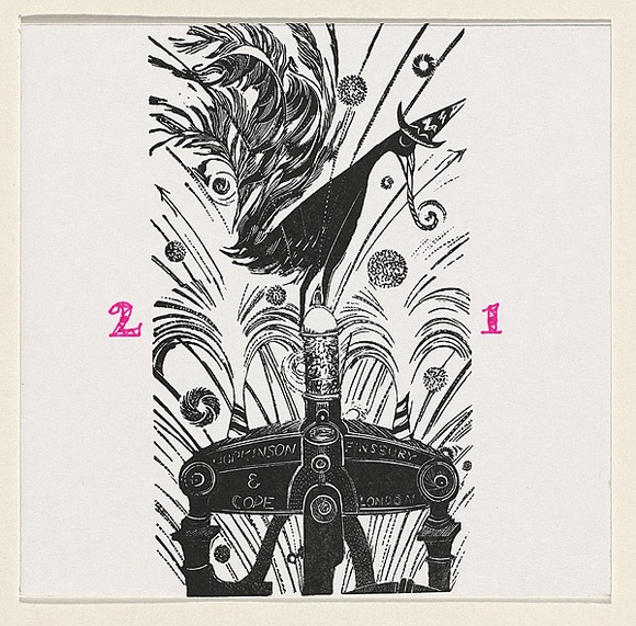 Title: b'21: Lyrebird Press' | Date: 1998 | Technique: b'wood-engraving, printed in black ink, from one block; hand-drawn addition of pink felt-tip pen'