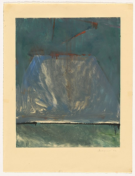 Artist: Maguire, Tim. | Title: Not titled [monoprint of green and blue, red triangle at upper centre] | Date: 1982 | Technique: monoprint, printed in colour, from one plate