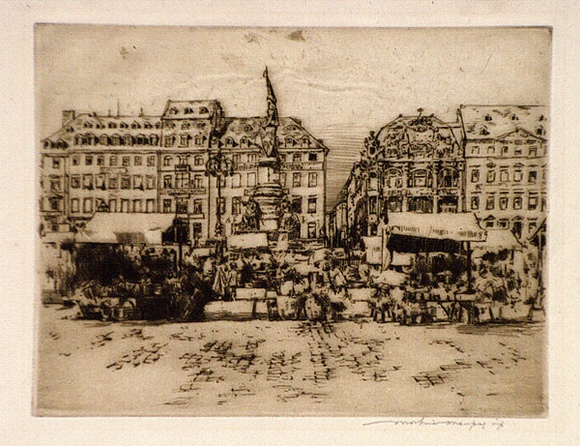 Artist: Menpes, Mortimer. | Title: (A market square on a rainy day) | Technique: etching and drypoint, printed in brown ink, from one plate