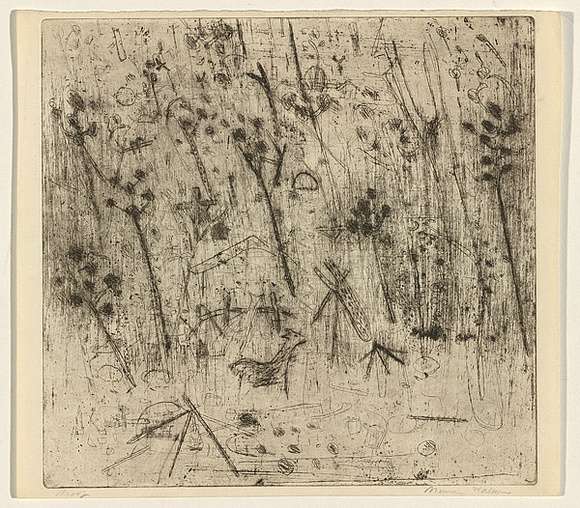 Title: b'not titled [landscape with animals and camp in foreground]' | Date: c. 1963 | Technique: b'etching and aquatint, printed in black ink, from one plate'