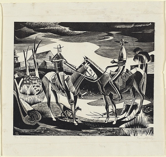 Artist: b'Jack, Kenneth.' | Title: b'The drovers' | Date: 1954 | Technique: b'engraving, printed in black ink, from one perspex block' | Copyright: b'\xc2\xa9 Kenneth Jack. Licensed by VISCOPY, Australia'