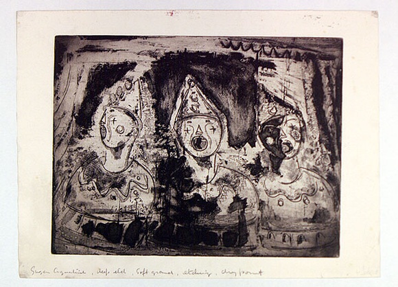 Artist: b'MACQUEEN, Mary' | Title: b'Circus clowns' | Date: (1960) | Technique: b'sugar aquatint, deep etch, softground, etching and drypoint, printed in black ink, from one plate' | Copyright: b'Courtesy Paulette Calhoun, for the estate of Mary Macqueen'