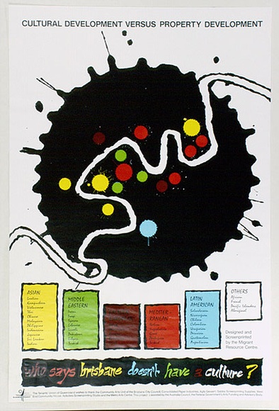 Artist: b'STANNARD, Christopher' | Title: bCultural Development Versus Property Development ... Who says Brisbane dosen't have a culture? | Date: 1989 | Technique: b'screenprint, printed in colour, from multiple screens'