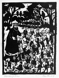 Artist: Allen, Joyce. | Title: (Meeting in the Grove with Wizard Agonis) (Illustration 1). | Date: 1987 | Technique: linocut, printed in black ink, from one block