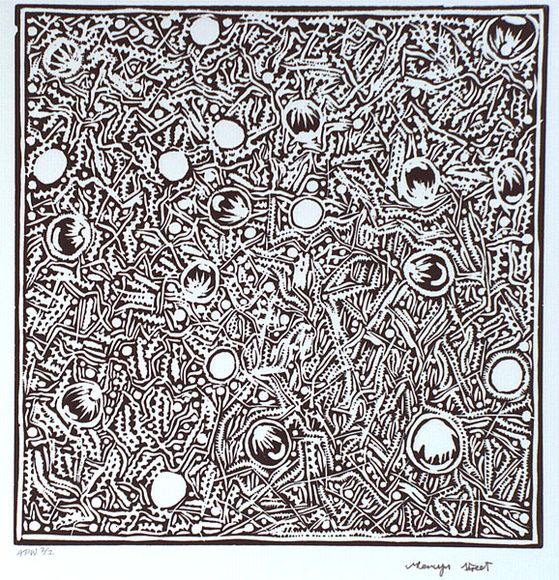 Artist: b'STREET, Mervyn' | Title: b'Bush foods with lots of seeds' | Date: 1999, July | Technique: b'linocut, printed in black ink, from one block'