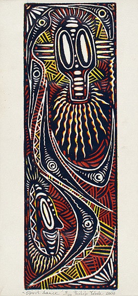 Artist: b'Yobale, Philip.' | Title: b'Spirit dance' | Date: 2000 | Technique: b'linocut, printed in colour, from three blocks'