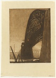 Artist: b'TRAILL, Jessie' | Title: b'The red light, Harbour Bridge, June 1931.' | Date: 1932 | Technique: b'aquatint and etching, printed in brown ink with plate-tone, from one plate; additional hand-colouring'