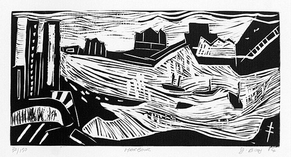 Artist: b'Boag, Yvonne.' | Title: b'Harbour.' | Date: 1984 | Technique: b'linocut, printed in black ink, from one block' | Copyright: b'\xc2\xa9 Yvonne Boag'