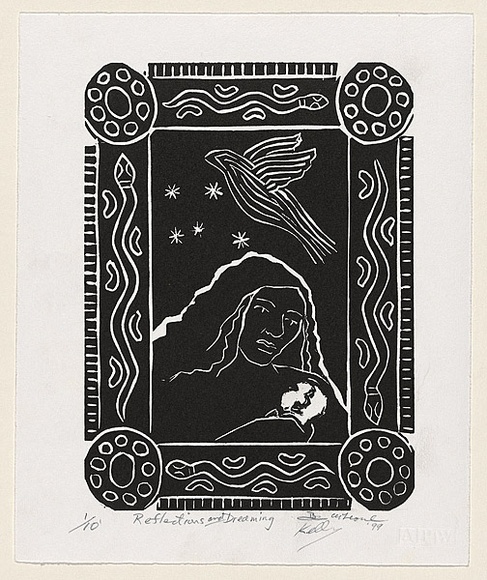 Artist: b'McKeown, Benjamen.' | Title: b'Reflections and dreaming' | Date: 1999 | Technique: b'linocut, printed in black ink, from one block' | Copyright: b'\xc2\xa9 William Kelly'