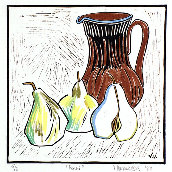 Artist: b'Varvaressos, Vicki.' | Title: b'Pears' | Date: 1980 | Technique: b'linocut, printed in black ink, from one block; hand-coloured' | Copyright: b'\xc2\xa9 Vicki Varvaressos'