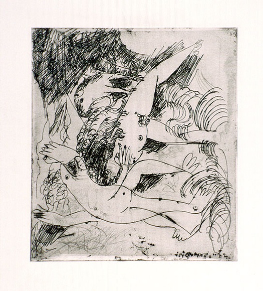 Artist: b'BOYD, Arthur' | Title: b'Figure in a river with beast and dog.' | Date: (1962-63) | Technique: b'etching and drypoint, printed in black ink, from one plate' | Copyright: b'Reproduced with permission of Bundanon Trust'