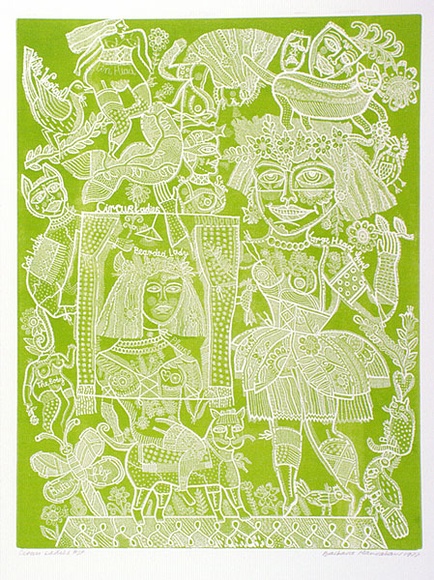 Artist: b'HANRAHAN, Barbara' | Title: b'Circus ladies' | Date: 1977 | Technique: b'relief-etching, printed in green ink, from one plate'