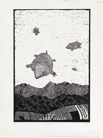 Artist: b'PARTRIDGE, Mike' | Title: b'Free charango airforce' | Date: November 1989 | Technique: b'linocut, printed in black ink, from one block'