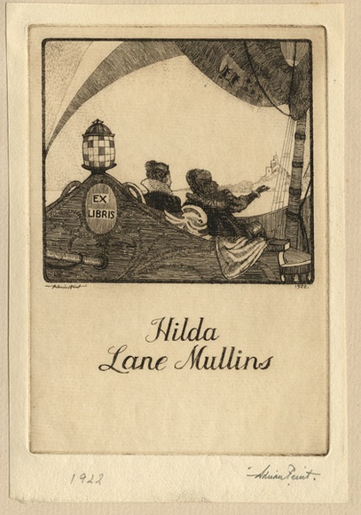 Artist: b'FEINT, Adrian' | Title: b'Bookplate: Hilda Lane Mullins.' | Date: 1922 | Technique: b'etching, printed in brown ink with plate-tone, from one plate' | Copyright: b'Courtesy the Estate of Adrian Feint'