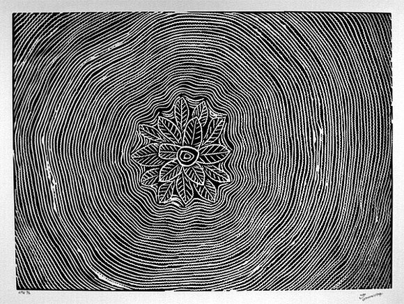 Artist: b'NGARRAIJA, Tommy May' | Title: b'not titled [flower in concentrei lines]' | Date: 1999, November | Technique: b'linocut, printed in black ink, from one block'