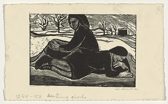 Artist: b'Groblicka, Lidia.' | Title: b'Resting girls' | Date: 1956-57 | Technique: b'woodcut, printed in black ink, from one block'