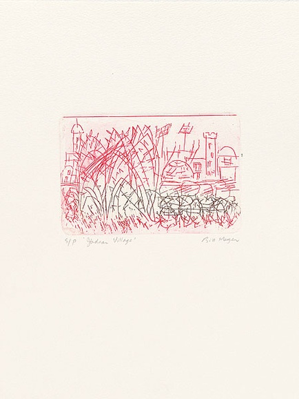 Artist: b'MEYER, Bill' | Title: b'Judean village' | Date: 1992 | Technique: b'etching, printed in red and black ink a la poup\xc3\xa9e, from one zinc plate' | Copyright: b'\xc2\xa9 Bill Meyer'