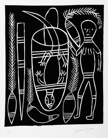 Artist: b'Djurritjini, Charlie.' | Title: b'not titled' | Date: c.1992 | Technique: b'linocut, printed in black ink, from one block'