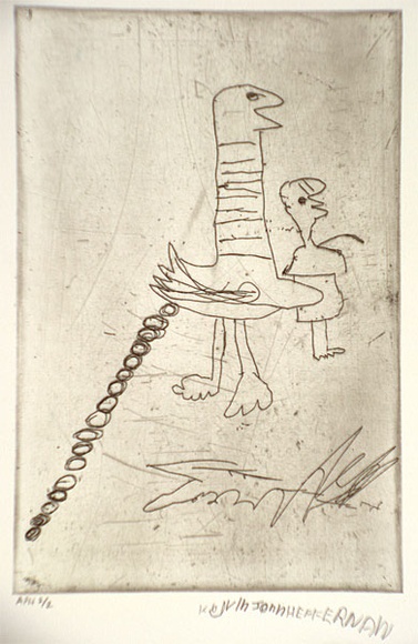 Artist: b'Heffernan, Kelvin.' | Title: b'not titled [two birdlike figures]' | Date: 2000, February | Technique: b'etching, printed in black ink, from one plate'