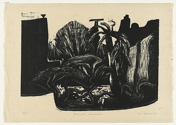 Artist: b'AMOR, Rick' | Title: b'Backyards Kensington.' | Date: 1987 | Technique: b'woodcut, printed in black ink, from one block'