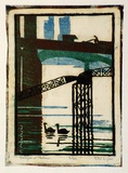 Artist: b'Syme, Eveline' | Title: b'Bridges at Chelsea' | Date: 1929 | Technique: b'linocut, printed in colour, from four blocks (light blue, viridian, reddish brown, black)'